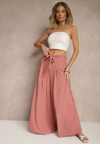 Renee - Ciemnoróżowe Spodnie z Bawełną o Szerokim Kroju High Waist z Paskiem Iveleldi. Stan: podwyższony. Kolor: różowy. Materiał: bawełna. Styl: elegancki