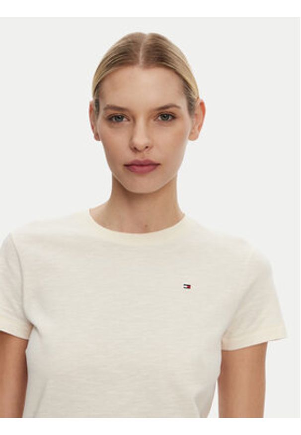 TOMMY HILFIGER - Tommy Hilfiger T-Shirt Slub WW0WW44433 Beżowy Slim Fit. Kolor: beżowy. Materiał: bawełna