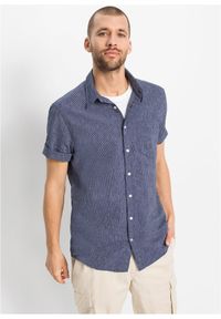 bonprix - Koszula z krótkim rękawem z materiału z domieszką lnu. Kolor: niebieski. Materiał: len, materiał. Długość rękawa: krótki rękaw. Długość: krótkie #1