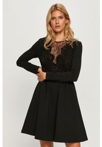 TwinSet - Twinset - Sukienka. Kolor: czarny. Materiał: materiał, wiskoza, poliamid, elastan, tkanina, nylon, poliester, koronka. Długość rękawa: długi rękaw. Wzór: gładki. Typ sukienki: rozkloszowane. Styl: klasyczny. Długość: mini #1