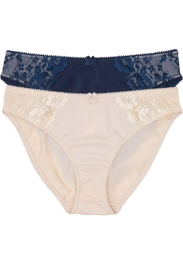 bonprix - Figi z delikatną koronką (2 pary). Kolor: niebieski. Materiał: materiał, koronka. Wzór: aplikacja, kwiaty, koronka