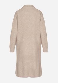 Born2be - Beżowy Komplet Dzianinowy z Wełną Długi Kardigan i Sukienka w Prążki Falandrea. Kolor: beżowy. Materiał: dzianina, wełna. Wzór: prążki #3