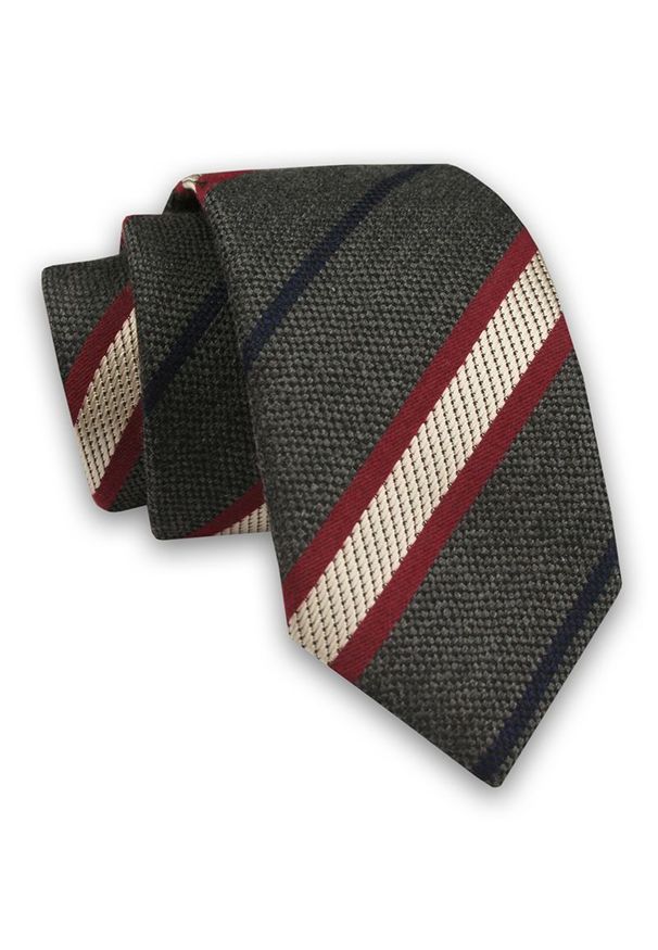 Alties - Szary Elegancki Męski Krawat -ALTIES- 6cm, Stylowy, Klasyczny, w Beżowo-Bordowo-Granatowe Paski. Kolor: czerwony, brązowy, wielokolorowy, beżowy, niebieski. Materiał: tkanina. Wzór: prążki, paski. Styl: klasyczny, elegancki