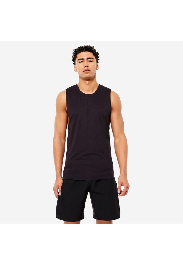 DOMYOS - Koszulka fitness męska Domyos bez rękawów. Kolor: czarny. Materiał: poliester, elastan, wiskoza, poliamid, materiał. Długość rękawa: bez rękawów