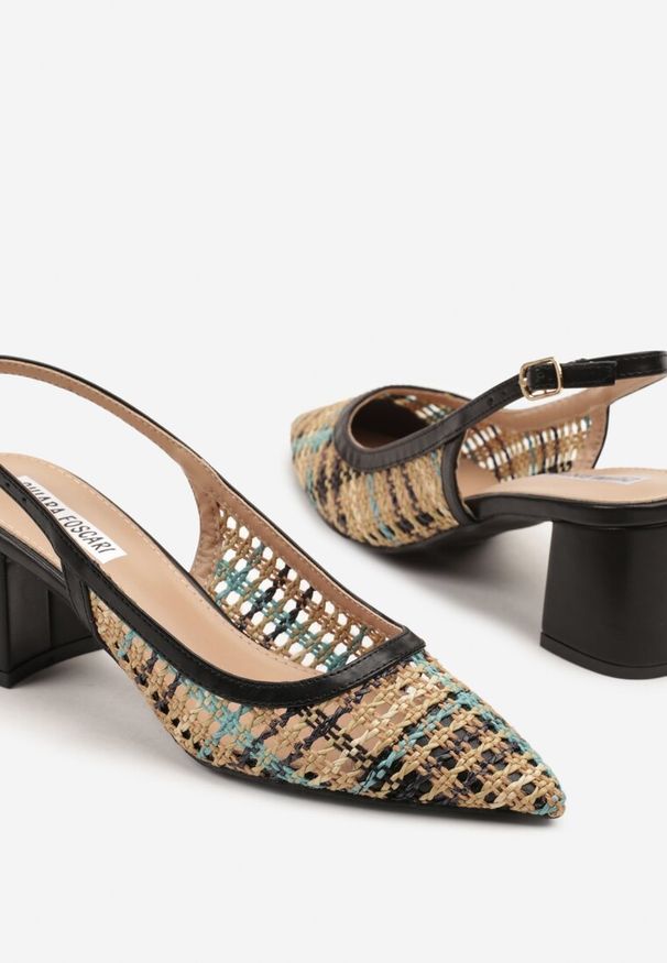 Renee - Czarne Sandały na Słupku Slingback Ozdobione Szydełkową Cholewką Novilissea. Okazja: na co dzień, na imprezę. Zapięcie: sprzączka. Kolor: czarny. Wzór: aplikacja. Sezon: lato. Obcas: na słupku. Styl: casual. Wysokość obcasa: średni