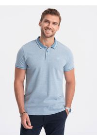 Ombre Clothing - Melanżowa koszulka męska polo z kontrastowym kołnierzykiem - błękitna V3. Typ kołnierza: kołnierzyk kontrastowy, polo. Kolor: niebieski. Materiał: bawełna. Wzór: melanż
