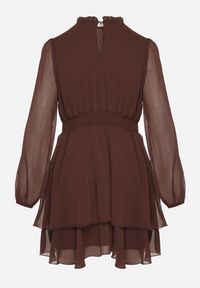 Born2be - Brązowa Rozkloszowana Sukienka Siateczkowa z Bufiastymi Rękawami Isovana. Okazja: na co dzień. Kolor: brązowy. Styl: casual, elegancki #5