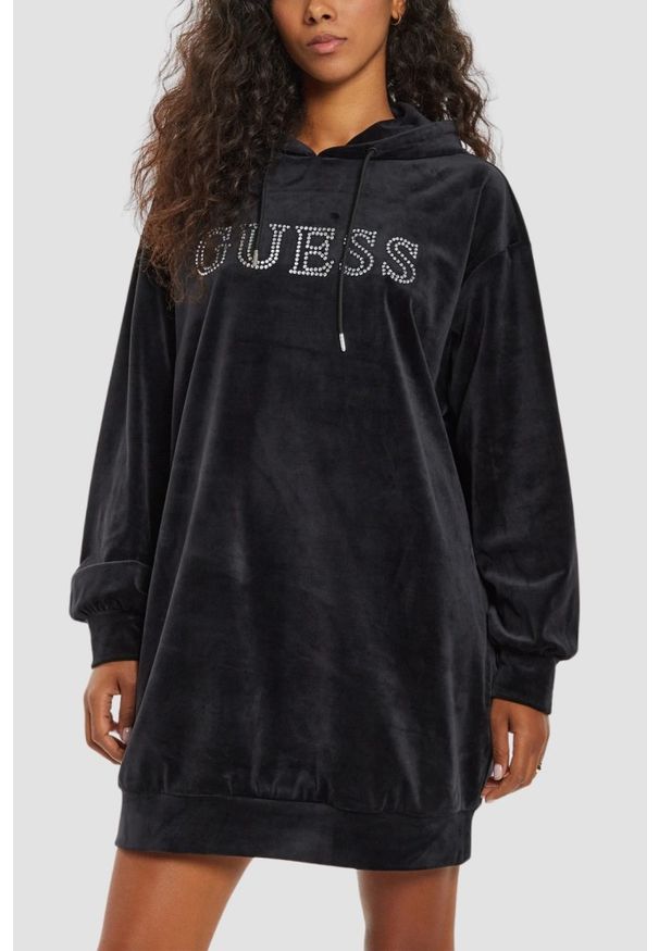 Guess - GUESS Сzarna damska długa welurowa bluza Couture, Rozmiar S. Kolor: czarny. Materiał: welur. Długość: długie