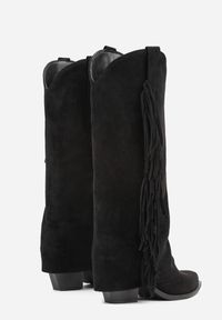 Renee - Czarne Kozaki Kowbojki na Stożku z Cholewką Imitującą Nogawkę z Frędzlami Monettea. Kolor: czarny. Materiał: jeans. Szerokość cholewki: normalna. Obcas: na stożku #5