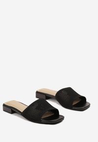 Born2be - Czarne Eleganckie Klapki z Ażurowym Wzorem i Płaskim Obcasem Weller. Kolor: czarny. Materiał: materiał, len. Wzór: ażurowy. Sezon: lato. Obcas: na obcasie. Styl: elegancki. Wysokość obcasa: niski #4