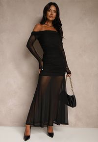 Renee - Czarna Koktajlowa Sukienka z Prześwitującymi Rękawami i Marszczeniem Haludea. Okazja: na imprezę. Kolor: czarny. Styl: wizytowy #2