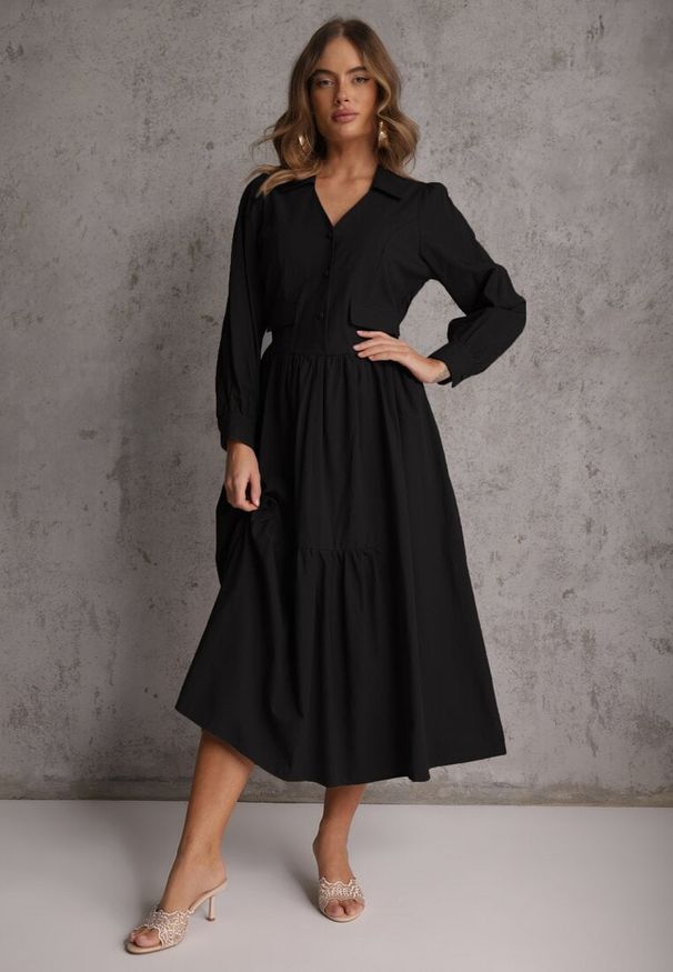 Renee - Czarna Rozkloszowana Sukienka Koszulowa z Bawełny i Wiskozy Zdobiona Klapami Gleta. Okazja: na co dzień. Kolor: czarny. Materiał: wiskoza, bawełna. Wzór: aplikacja. Typ sukienki: koszulowe. Styl: casual, elegancki