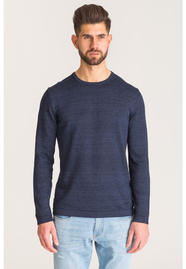Joop! Collection - Granatowy sweter Joop Lajos. Kolor: niebieski. Materiał: bawełna, len. Wzór: aplikacja