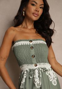Renee - Ciemnobeżowy Kombinezon Bandeau Ozdobiony Ornamentnym Motywem i Guzikami Liravessa. Okazja: na co dzień. Kolor: beżowy. Wzór: aplikacja. Styl: elegancki, casual #4
