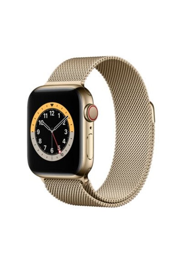 APPLE Watch 6 Cellular 44mm (Złoty z bransoletą mediolańską w kolorze złotym). Rodzaj zegarka: smartwatch. Kolor: złoty. Materiał: poliester, nylon, guma, materiał. Styl: wakacyjny