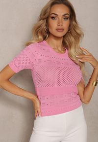 Renee - Różowa Klasyczna Bluzka w Ażurowy Wzór Lidakra. Okazja: na co dzień. Kolor: różowy. Materiał: jeans. Długość rękawa: krótki rękaw. Długość: krótkie. Wzór: ażurowy. Styl: klasyczny