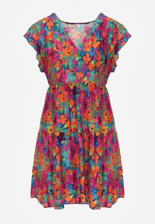 Renee - Fuksjowa Wiskozowa Sukienka Mini z Falbaną Linne. Okazja: na imprezę, na co dzień, na spacer. Typ kołnierza: dekolt w kształcie V. Kolor: różowy. Materiał: wiskoza. Sezon: lato. Typ sukienki: proste. Styl: casual. Długość: mini