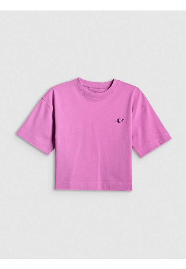4f - 4F T-shirt loose gładki dziewczęcy - różowy 122/128 (6-8 lat). Okazja: na spacer, na co dzień, na uczelnię. Kolor: fioletowy. Materiał: dzianina, bawełna, skóra, materiał. Wzór: gładki. Sezon: lato. Styl: casual