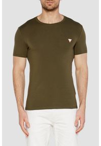 Guess - GUESS Zielony męski t-shirt z okrągłym dekoltem. Okazja: na co dzień. Kolor: zielony. Materiał: materiał, elastan, bawełna. Długość rękawa: krótki rękaw. Długość: krótkie. Styl: casual
