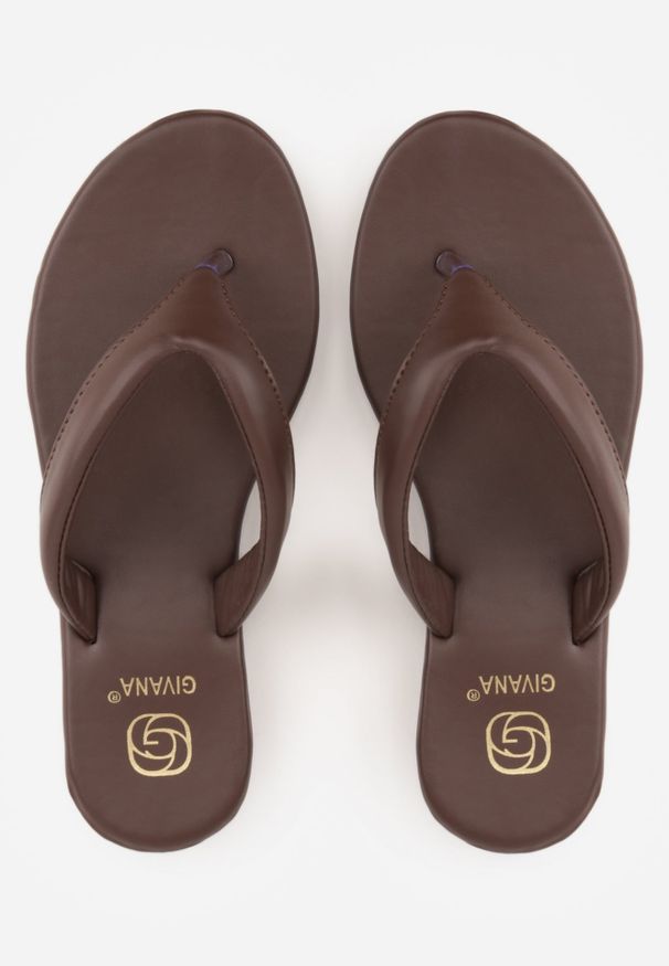 Renee - Brązowe Płaskie Japonki Minimalistyczne z Paskiem z Imitacji Skóry Doriemala. Okazja: na co dzień. Kolor: brązowy. Materiał: skóra. Sezon: lato. Obcas: na płaskiej podeszwie. Styl: wakacyjny, casual