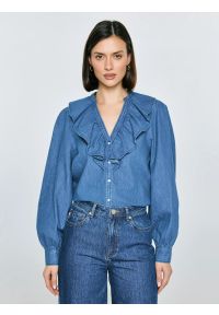 Big-Star - Koszula damska jeansowa niebieska Irina 392. Typ kołnierza: kołnierzyk stójkowy, dekolt w kształcie V. Kolor: niebieski. Materiał: jeans. Długość rękawa: długi rękaw. Długość: długie #7