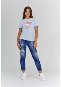 Guess - GUESS Błękitny t-shirt damski z vintage logo, Rozmiar S. Kolor: niebieski. Materiał: bawełna. Wzór: nadruk. Styl: vintage