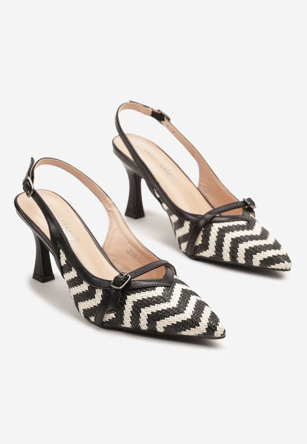 Born2be - Czarne Tweedowe Sandały Slingback z Klamerką na Obcasie Typu Kaczuszka Adivioria. Okazja: na co dzień. Nosek buta: szpiczasty. Zapięcie: pasek. Kolor: czarny. Wzór: aplikacja. Materiał: jeans. Obcas: na obcasie. Styl: elegancki, casual. Wysokość obcasa: średni