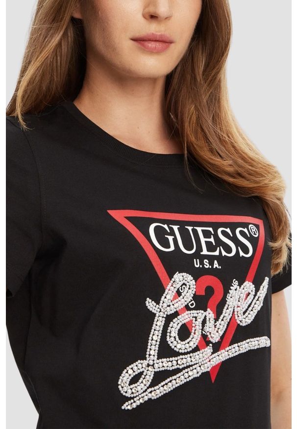 Guess - GUESS Czarny damski t-shirt Pearls Love, Rozmiar M. Kolor: czarny