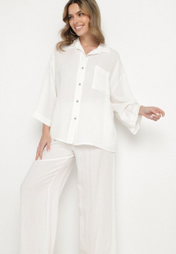 Born2be - Biały Wiskozowy Komplet Koszula i Szerokie Spodnie Noviaria. Kolor: biały. Materiał: wiskoza