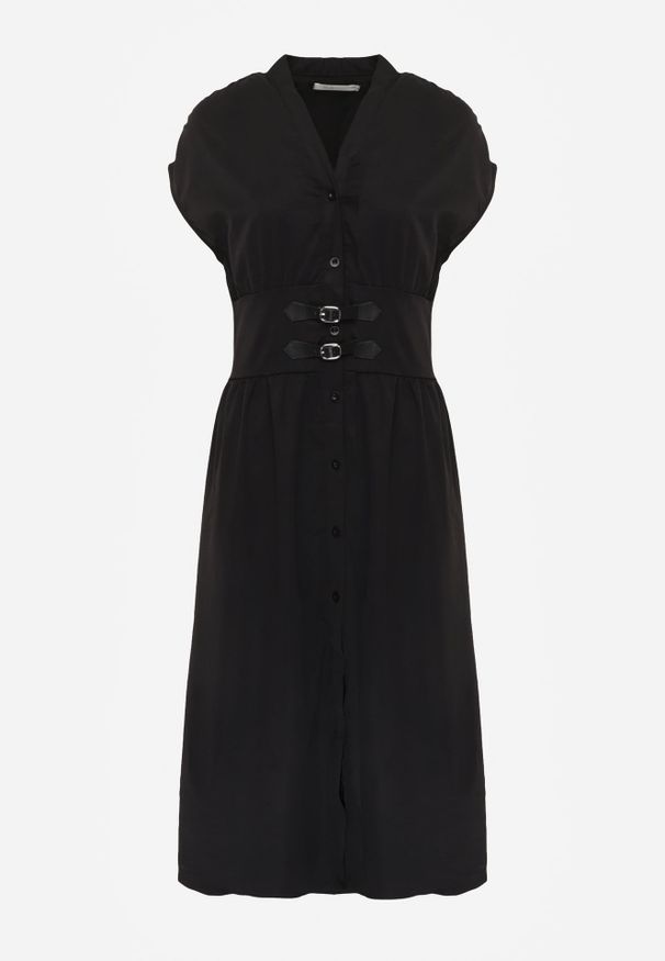 Renee - Czarna Sukienka na Guziki z Gorsetowym Panelem z Klamrami w Talii Frose. Typ kołnierza: dekolt gorset. Kolor: czarny. Typ sukienki: gorsetowe. Długość: midi