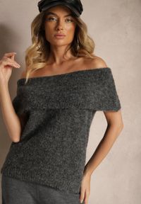 Renee - Ciemnoszary Sweter Top z Hiszpańskim Wywijanym Dekoltem z Wełną Inarose. Kolor: szary. Materiał: wełna #1