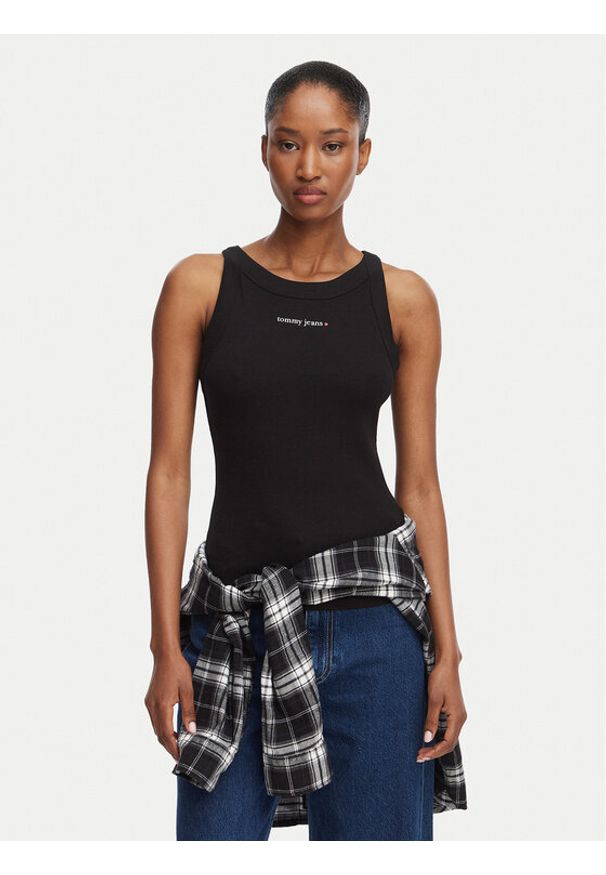 Tommy Jeans Top Ess Logo 1 DW0DW22806 Czarny Slim Fit. Kolor: czarny. Materiał: bawełna