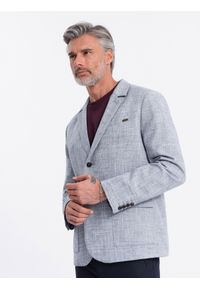 Ombre Clothing - Marynarka męska o kroju REGULAR z lnem - jasnoniebieska V3 - Rozmiar: M. Okazja: do pracy. Kolor: niebieski. Materiał: len. Wzór: aplikacja. Styl: klasyczny, elegancki