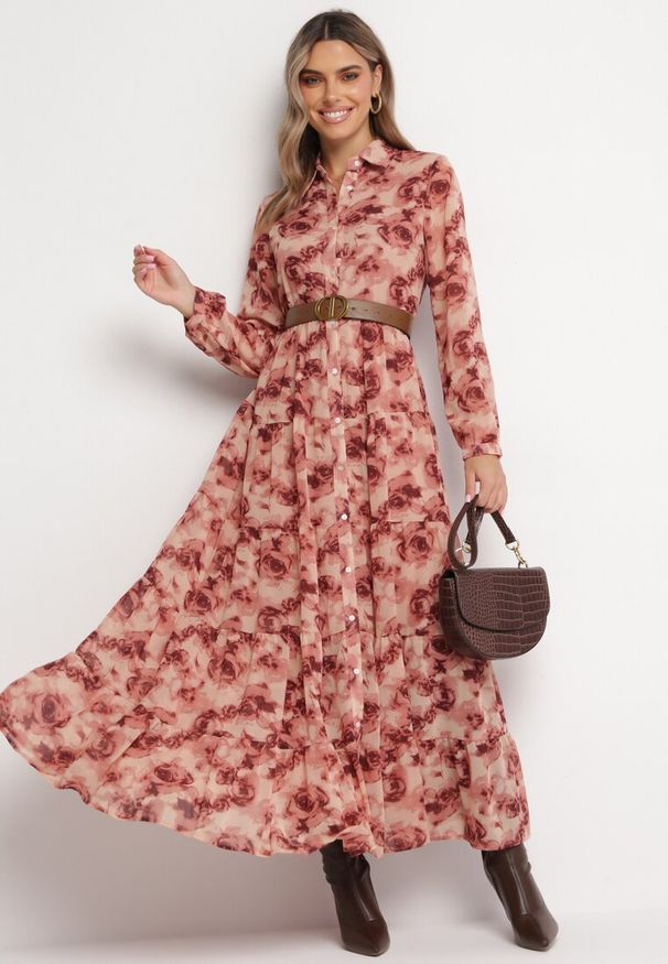 Born2be - Różowa Koszulowa Sukienka Maxi z Falbanką Mersa. Kolor: różowy. Typ sukienki: koszulowe. Długość: maxi