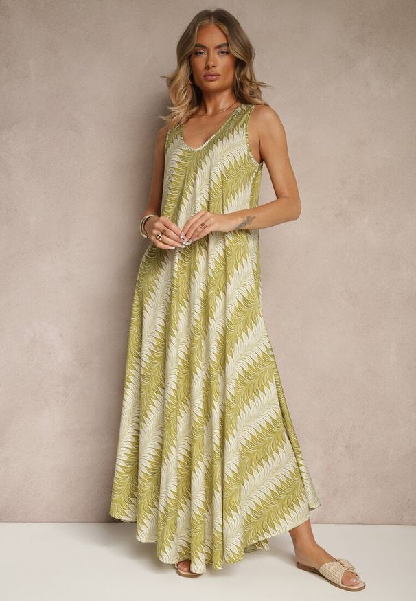 Renee - Zielona Rozkloszowana Sukienka z Geometrycznym Wzorem Lumire. Kolor: zielony. Materiał: skóra. Wzór: geometria. Styl: elegancki