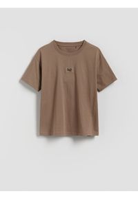 Reserved - Bawełniany t-shirt oversize - beżowy. Kolor: beżowy. Materiał: bawełna