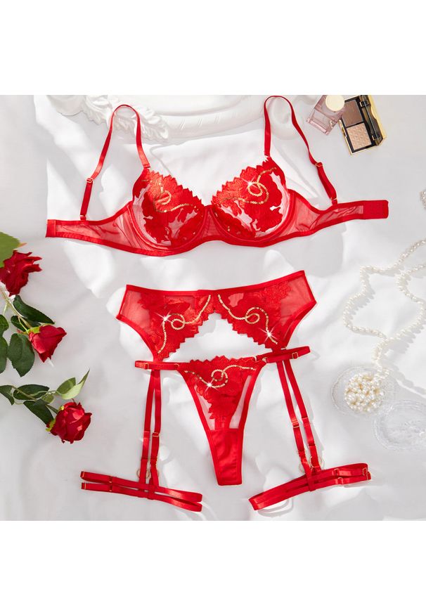 Intica - Zestaw bielizny czteroczęściowy z efektownymi detalami na specjalne okazje Zhinela. Kolor: czerwony. Materiał: materiał