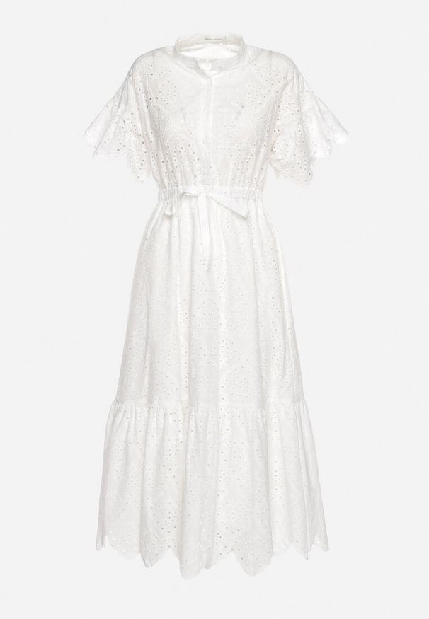 Born2be - Biała Haftowana Sukienka z Bawełny z Guzikami i Gumką w Talii Melliara. Okazja: na spacer, na imprezę. Typ kołnierza: dekolt w kształcie V. Kolor: biały. Materiał: bawełna. Długość rękawa: krótki rękaw. Wzór: haft. Sezon: lato. Styl: klasyczny, boho