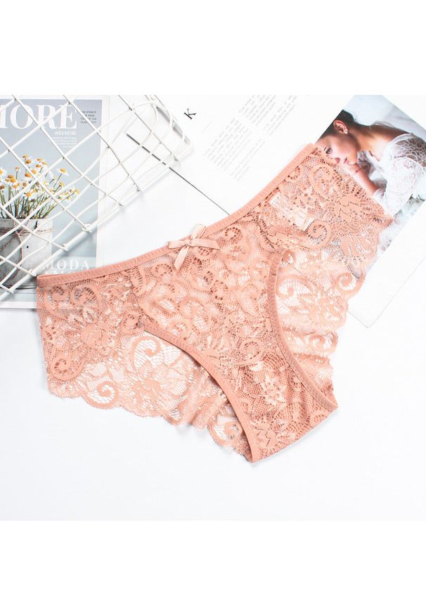 Intica - Koronkowe majtki damskie z delikatnego materiału Taline. Kolor: beżowy. Materiał: materiał, koronka. Wzór: koronka