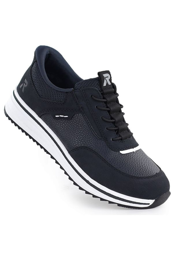 Półbuty damskie na podwyższeniu granatowe Rieker L5850-14. Kolor: niebieski. Materiał: skóra ekologiczna