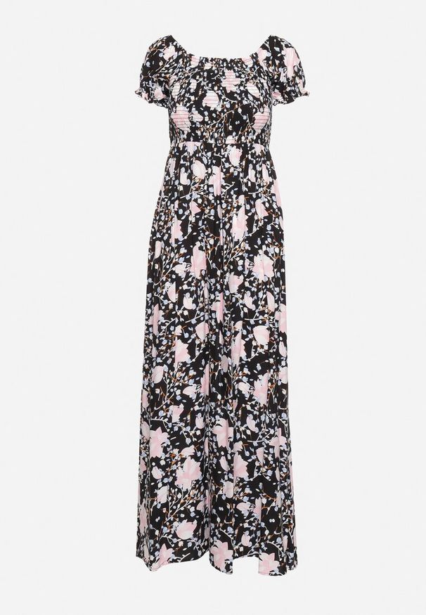 Born2be - Czarno-Biała Rozkloszowana Sukienka w Kwiaty z Marszczonym Dekoltem Disteria. Okazja: na co dzień. Kolor: czarny. Materiał: jeans. Wzór: kwiaty. Sezon: wiosna, lato. Styl: casual, elegancki, vintage