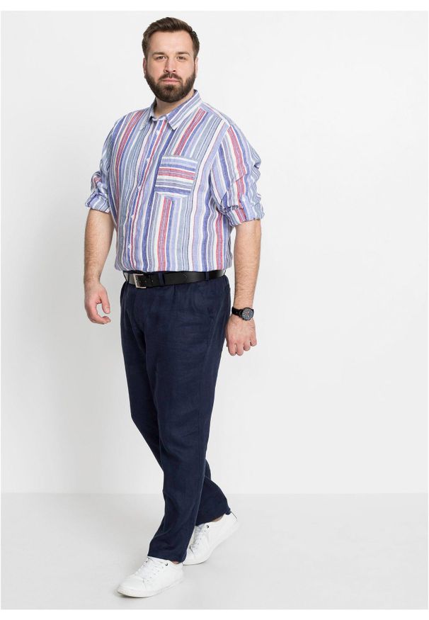 bonprix - Spodnie chinosy z czystego lnu, regular fit, prosta nogawka. Kolor: niebieski. Materiał: len. Styl: klasyczny