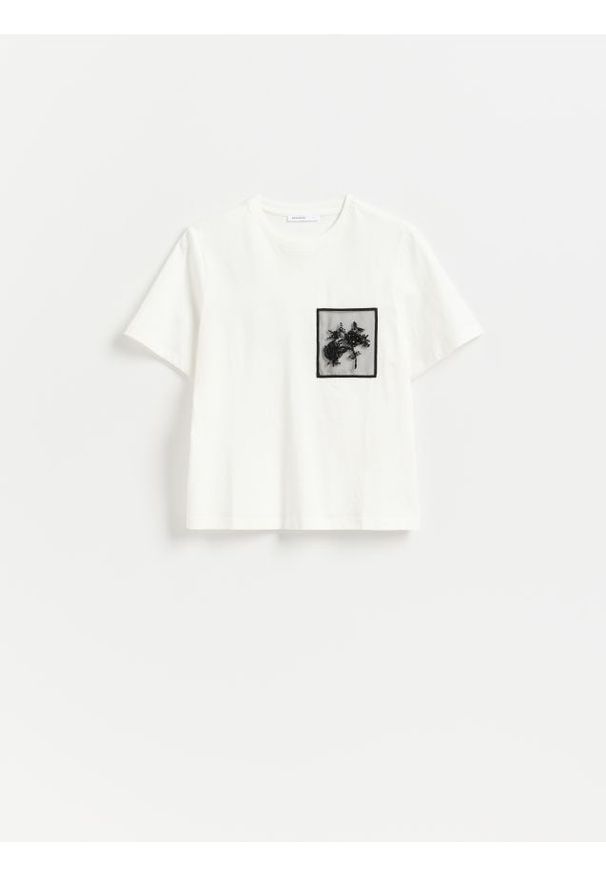 Reserved - T-shirt z ozdobną kieszonką - biały. Kolor: biały. Materiał: bawełna