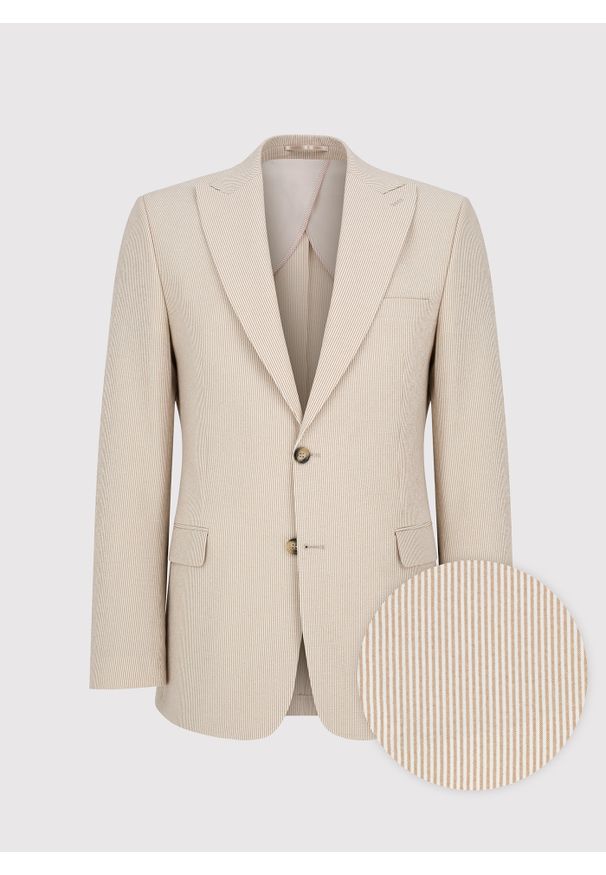 Pako Lorente - PAKO LORENTE - Beżowa marynarka garniturowa w prążek. Kolor: beżowy. Materiał: poliester, elastan, wiskoza. Wzór: prążki. Styl: młodzieżowy
