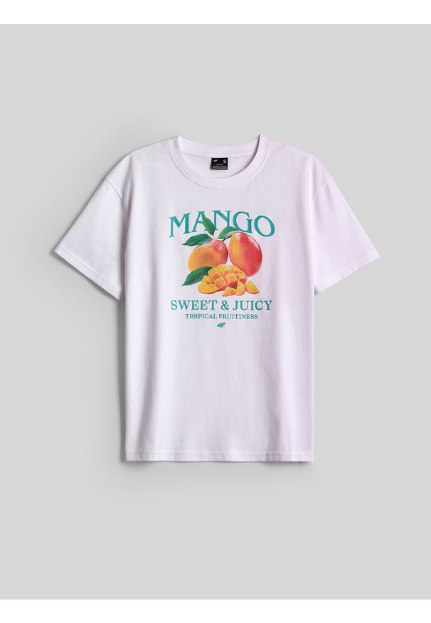 4f - 4F T-shirt loose z nadrukiem damski - biały L. Okazja: na co dzień. Kolor: biały. Materiał: materiał, bawełna, dzianina. Wzór: nadruk. Styl: casual