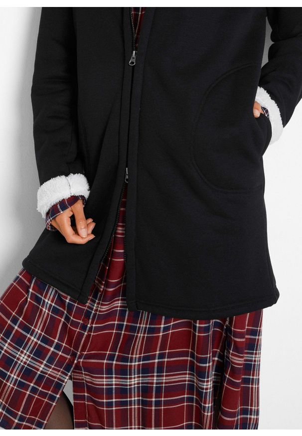 bonprix - Bluza rozpinana z kapturem z podszewką barankiem. Typ kołnierza: kaptur. Kolor: czarny. Materiał: futro