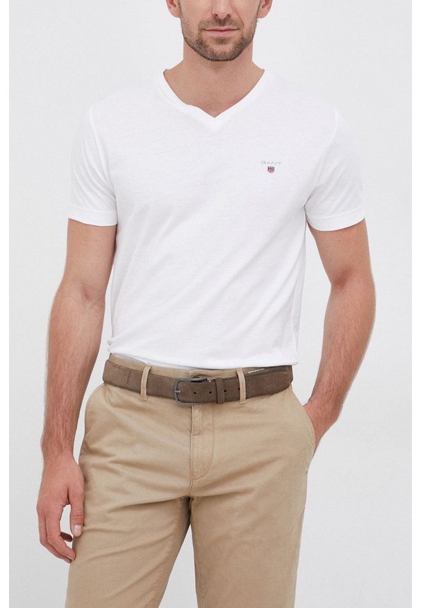 GANT - Gant - T-shirt bawełniany. Okazja: na co dzień. Kolor: biały. Materiał: bawełna. Wzór: gładki, aplikacja. Styl: casual