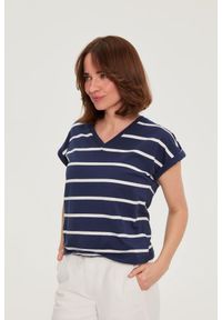 MOODO - Bluzka w paski granatowa. Kolor: niebieski. Materiał: bawełna, elastan. Wzór: paski #1