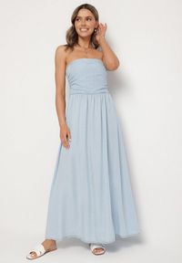 Born2be - Jasnoniebieska Sukienka Rozkloszowana z Dekoltem Typu Bandeau Mavilore. Okazja: na co dzień, na imprezę. Kolor: niebieski. Materiał: skóra. Wzór: aplikacja. Typ sukienki: rozkloszowane. Styl: klasyczny, casual, elegancki, wizytowy #6