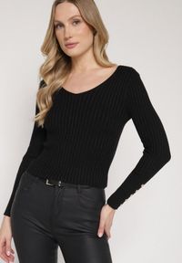 Born2be - Czarny Sweter z Wiskozą z Prążkowanego Materiału z Metaliczną Nitką i Guzikami Lianodia. Okazja: na co dzień. Kolor: czarny. Materiał: wiskoza, materiał, prążkowany. Styl: casual, klasyczny, elegancki #6